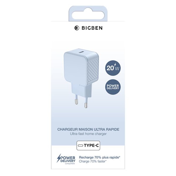 Strømforsyning - BigBen - USB-C Lader 20W - Power Delivery - Overbelastningsbeskyttelse - Rutsjebeskyttelse Blå