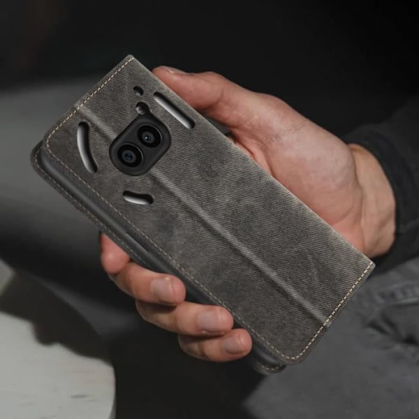 Kotelo Nothing Phone 2a Denim Texture -lompakko ja teline musta Svart