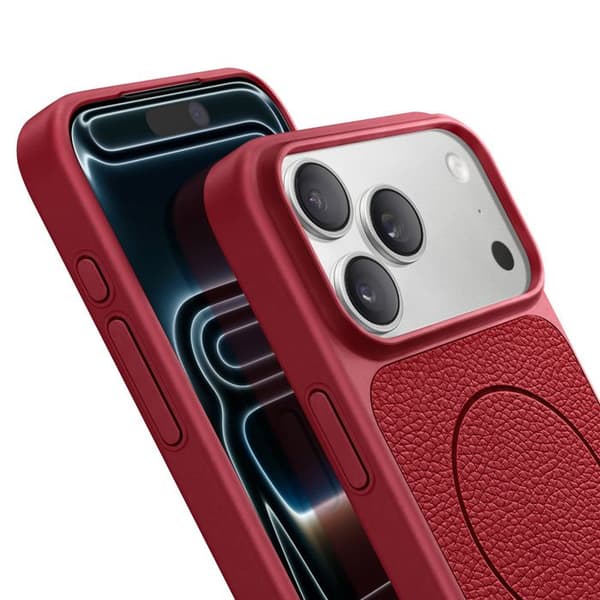 MagSafe-cover til iPhone 17 Pro i to materialer, stødabsorberende, bordeaux lædertekstur Röd