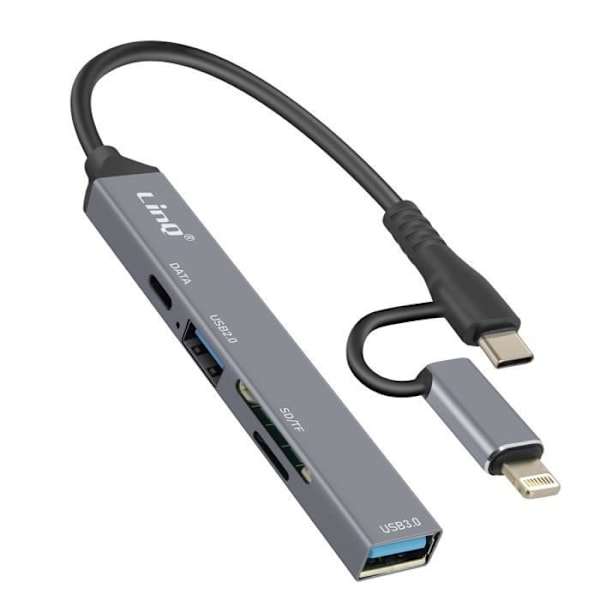 USB-C og Lightning hub - LinQ - Sort - 1x USB-C - 2x USB - SD/TF kortlæser
