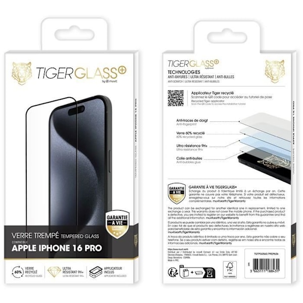 Karkaistu lasi - TIGER - iPhone 16 Pro - Näytön suoja - Naarmuuntumaton - 1 kappale