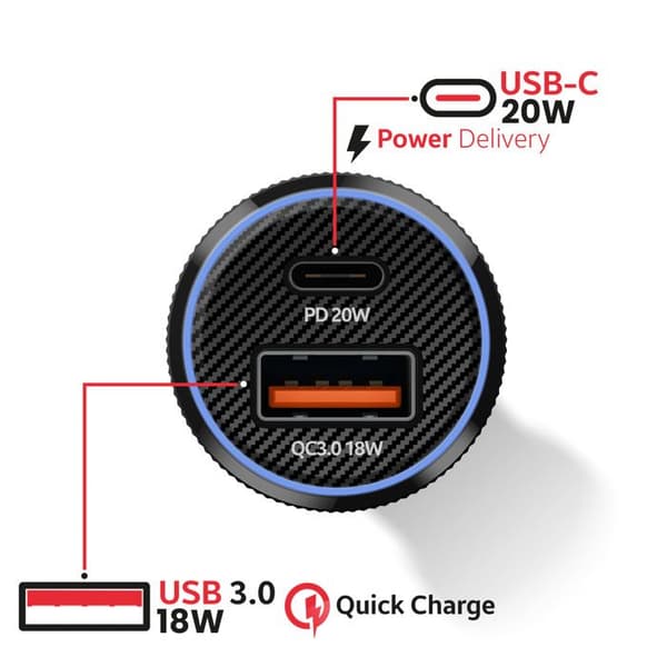 USB-C biloplader 20W - SWISSTEN - Sort - USB-C kabel 1m - Dobbelt port - Universel Svart