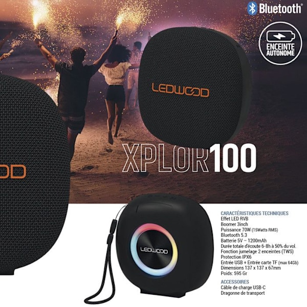 Mini Bluetooth-kaiutin Ledwood XPLOR100, USB TF-kortti, Teho 70W - akulla 1200mAh, TWS-toiminto, IPX6-suojaus.