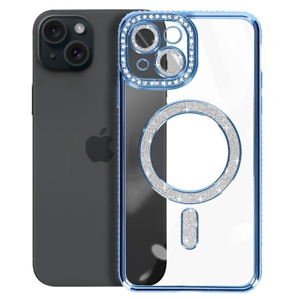 Diamantfodral till iPhone 15 - AVIZAR - Ljusblå Rhinestone Outline - MagSafe Protection Blå