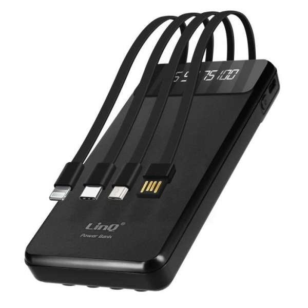 Nødstrøm - LINQ - 15000mAh - Aftagelig 4 i 1 Kabel - Kompakt USB Udgave - Sort Svart