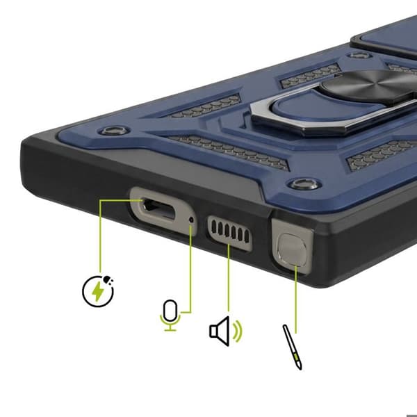 Skydd för Galaxy S23 Ultra med skjutbart kameraskydd och magnetring Mayaxess Mörkblå Blå