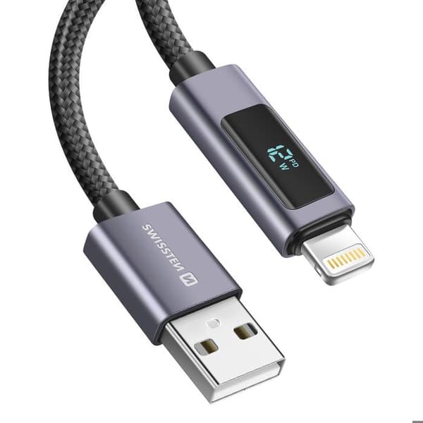 USB-kaapeli - SWISSTEN - Lightning USB:lle - 12W - 1m - Musta LED-näyttö Svart