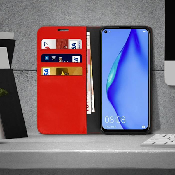 Huawei P40 Lite Fodral - AVIZAR - Äkta Läder - Videostöd - Kortfack - Röd Röd