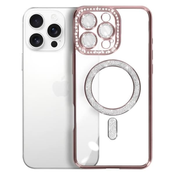 Coque - Diamant - iPhone 16 Pro - MagSafe-skydd - Strass-kontur - Elegant Rosa