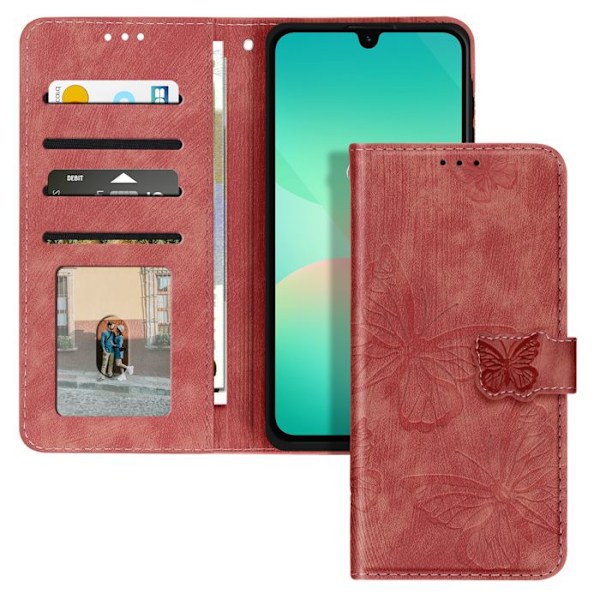 Samsung Galaxy A26:n ruusupinkki lompakko ja videotelineelle suunniteltu perhoskotelo Rosa
