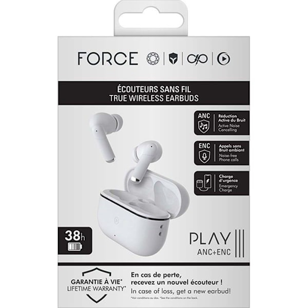 Force Play III True Wireless ANC+ENC -kuulokkeet valkoiset - Force Playn elinikäinen takuu Vit