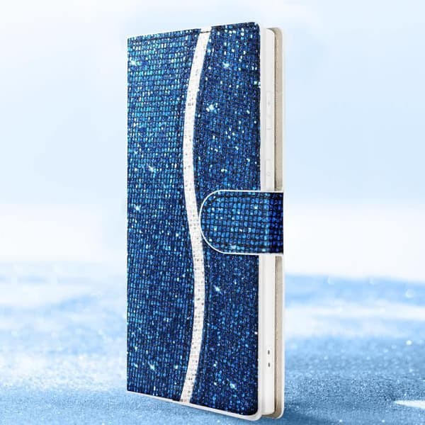 Taske til Samsung S23 Ultra - AVIZAR - Glitter Disco - Wallet Video Support - Blå Blå