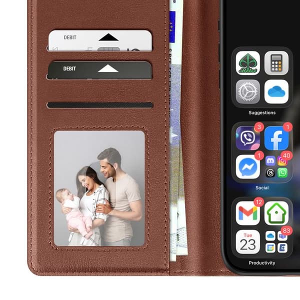 Premium læder tegnebogsæske til iPhone 16 Pro Max med stand funktion i brun kastanj