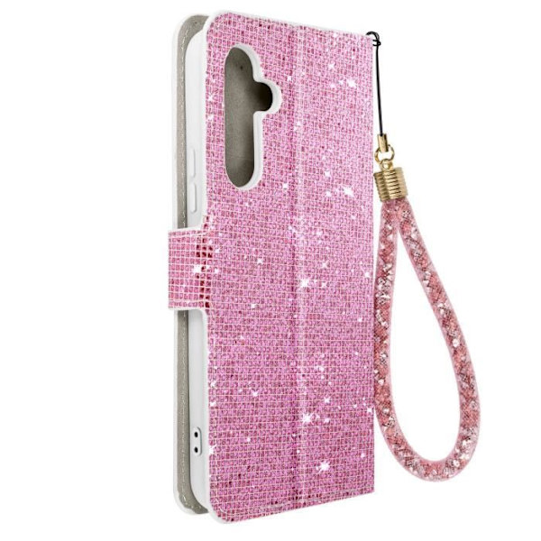 Suojakuori Samsung Galaxy A54 5G Glitter Disco Wallet Video Support Pink Rosa