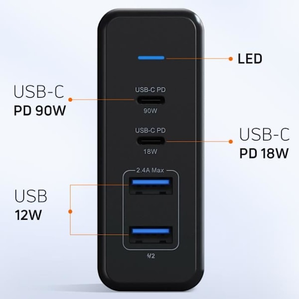 Ladeadapter - SATECHI - 108W - 2 USB-C Power Delivery - 2 USB - Kompakt Mørkegrå Grå