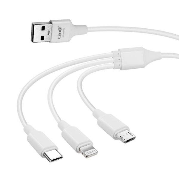 3 i 1 USB til Micro-USB iPhone Lightning USB Type C-kabel 5A LinQ Hvid