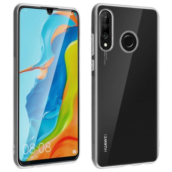 Huawei P30 Lite Silikone Gel Cover og transparent hærdet glas skærmfilm hvid