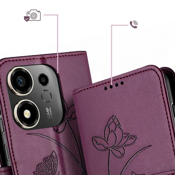 Pungetui til Honor 600 Smart Lotus Oriental mønster med bordeaux håndledsrem Röd