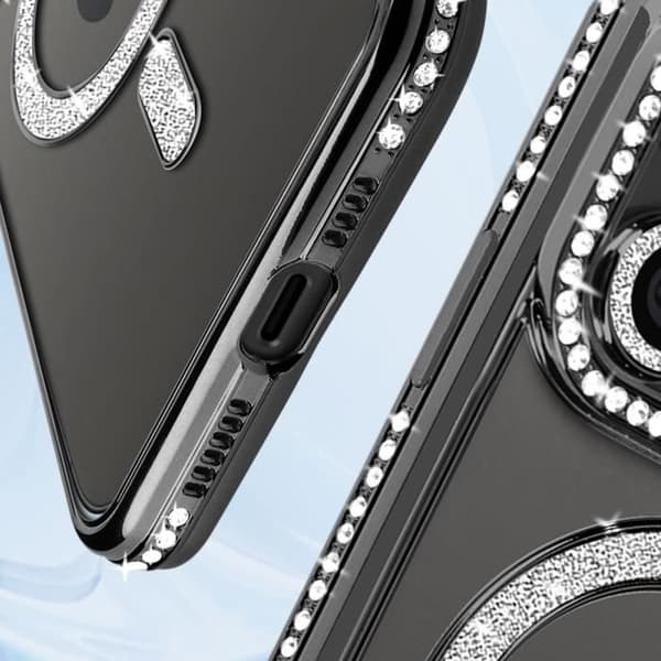 Beskyttelseshætte - AVIZAR - iPhone 15 Pro Max - Sort Strass Kant - MagSafe Beskyttelse - Elegant Svart