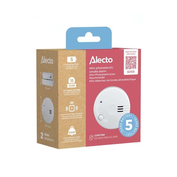 Fotodetektor för rök - ALECTO - Mini - Siren 85 dB - Batteri 5 år - EN 14604 Vit