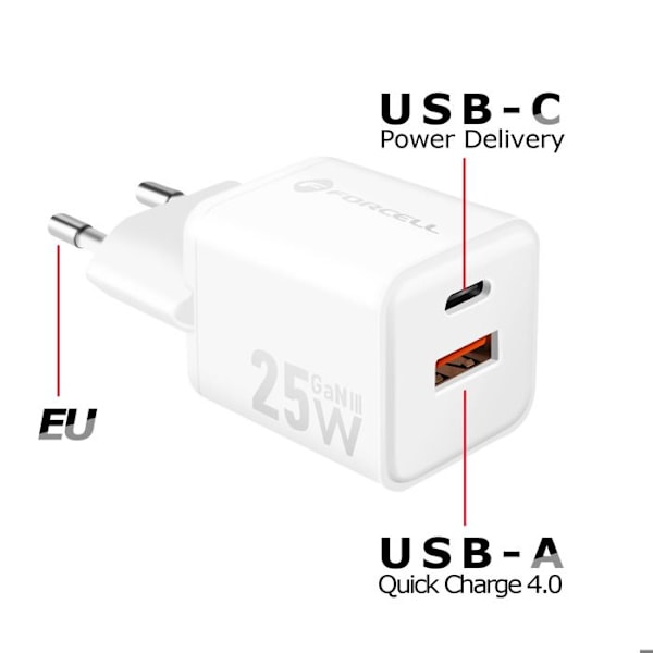 GaN III 35W Vægbelader med USB-C + Mini USB Porte Forcell Hvid Vit