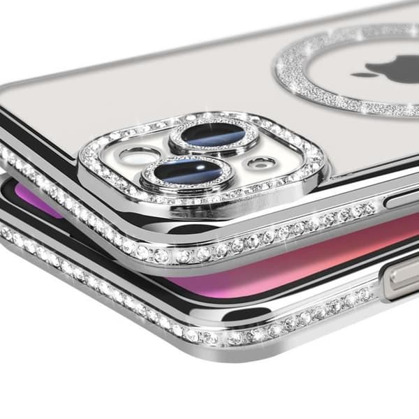 Coque - Diamant - iPhone 14 Plus - Kontur med sølvstrass - Kompatibel med MagSafe - Elegant Grå