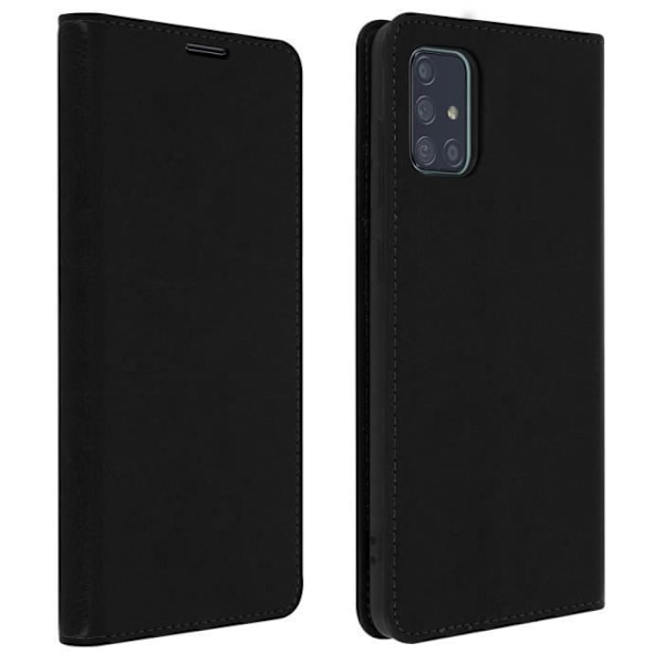 Fodral för Samsung Galaxy A51 - Äkta Läder - Svart - Kortfack - Videostöd - Mjuk Svart
