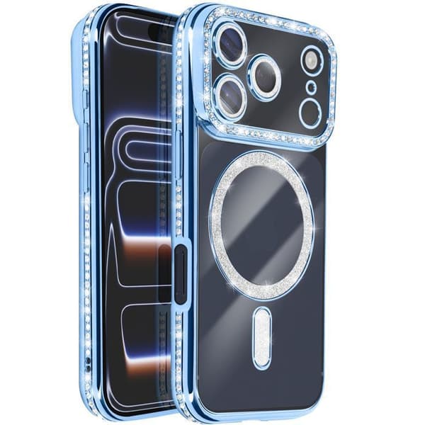 Fodral för iPhone 17 Pro Max - AVIZAR - Diamant MagSafe - Ljusblå - Pyntad - Förstärkt skydd Blå