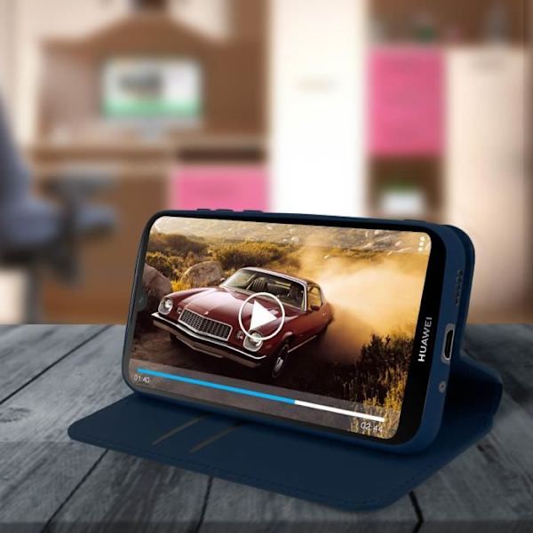 Housse - AVIZAR - Huawei Y5 2019 - Wallet Cover - Øko-læder - Video Støtte Midnattsblå