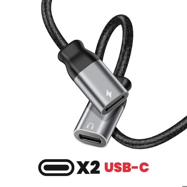 Ljud- och USB-C-laddningsadapter - Swissten - 2-i-1 - Flätad kabel - Anti-knut - 12 cm