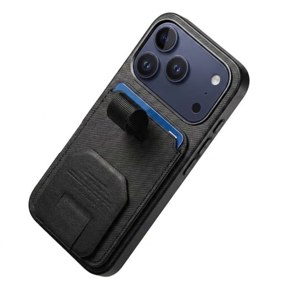 iPhone 17 Pro Cover med Stofeffekt, Støtte og Kortholder i Sort Svart