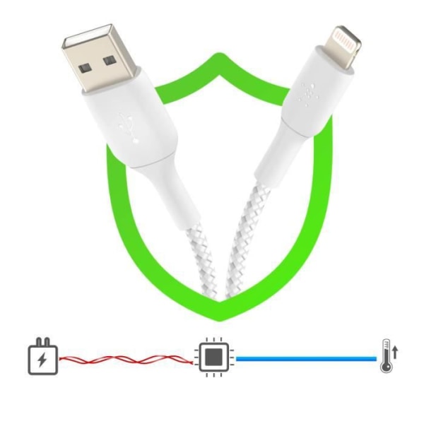 USB-Lightning-kaapeli MFi 18W Nylon punottu 3m lataus ja synkronointi Belkin valkoinen