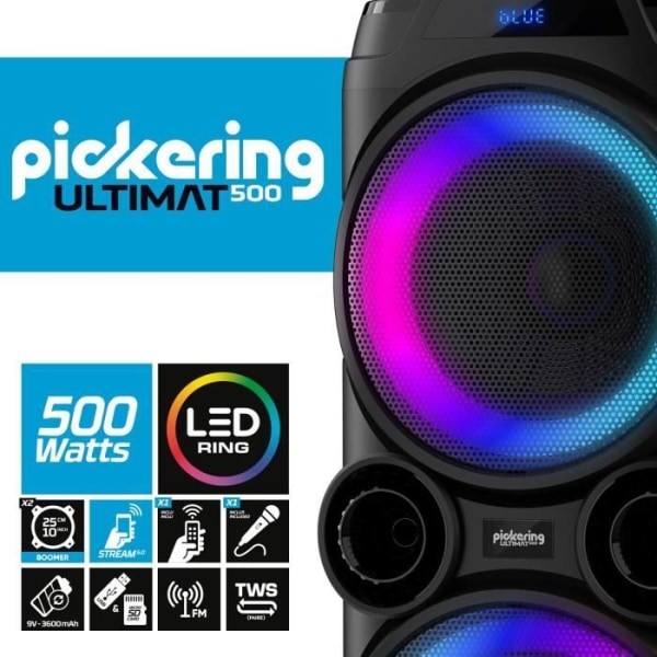 Mobil DJ-högtalare på batteri Pickering ULTIMAT500, 500W, 25cm Boomers med RGB LED-RING, USB Bluetooth FM-radio, TWS, mikrofon
