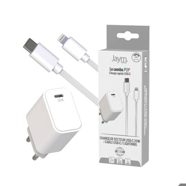 Pack Väggladdare USB-C PD 20W med USB-C till Lightning-kabel 1,5m Jaym Vit Vit