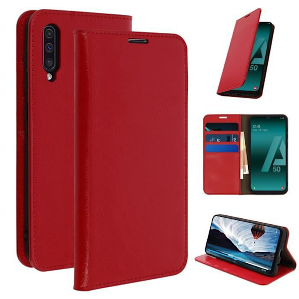 Etui til Samsung Galaxy A50 - Folio Cover - Ægte læder - Rød - Video støtte - Kortholder compartementer Röd