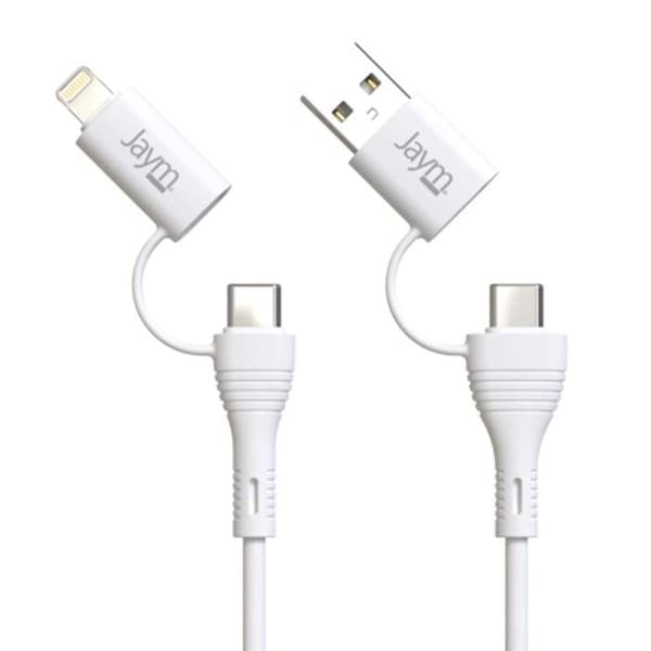 USB 4-in-1 kaapeli - JAYM - Lataus 3A - 60W - USB-C, Lightning - 1 metri Vit