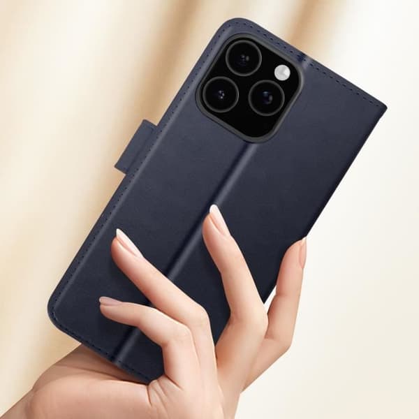 iPhone 16 Pro Max Etui - AVIZAR - Geldklap - Video Støtte - Mørkeblå - Vegansk Læder Blå