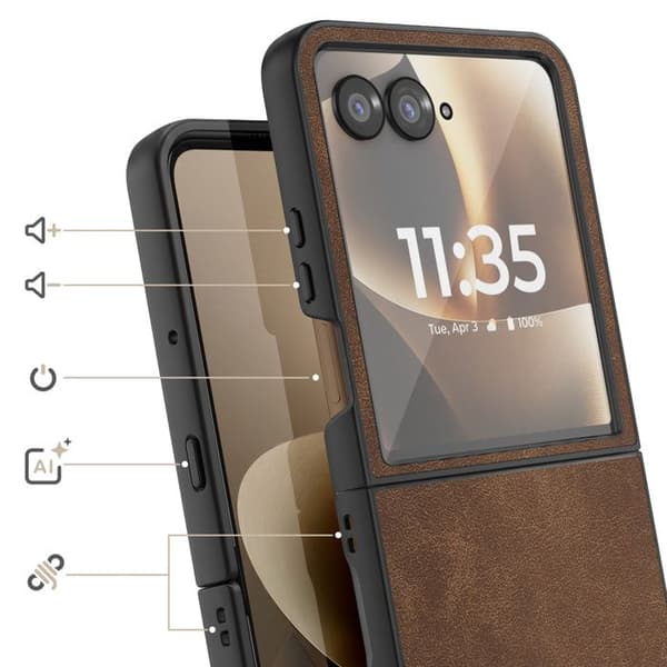 Fodral med lock för Motorola Razr 70 Ultra, hårt skydd, vikbart, läderlook i brunt brun