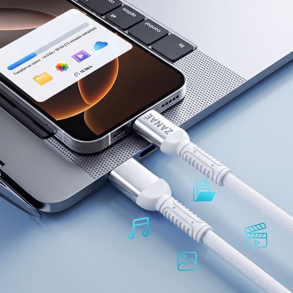 USB-A till USB-C 10W i Flexibelt Förstärkt Nylonflätat Antiknutet 1.2m Zanaé Vit Vit