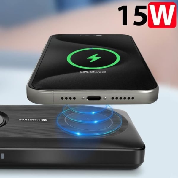 15W trådlöst externt batteri för iPhone och Apple Watch, USB + USB-C Swissten Black