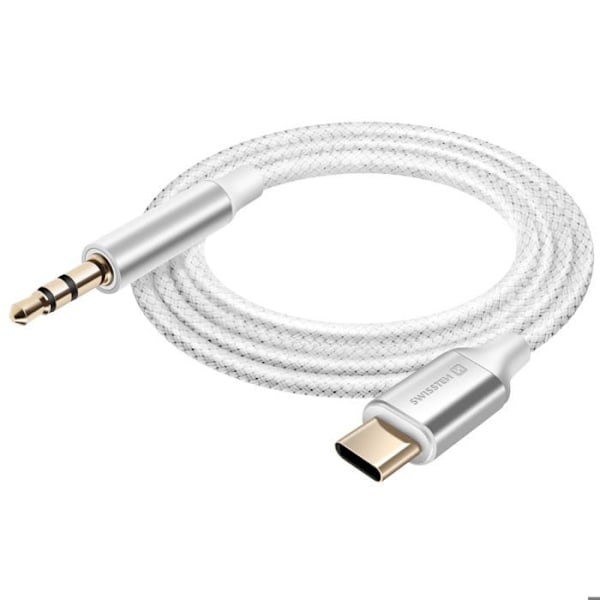 Auxiliary audio cable USB C till 3.5 mm jack Nylon flätad 1.5m Swissten Vit