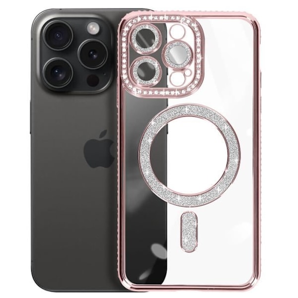 Diamond Case iPhone 15 Prolle - AVIZAR - Strassikivi Contour - Samppanjan vaaleanpunainen - MagSafe Rosa