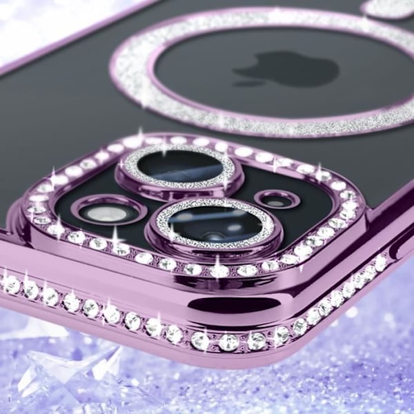 Timanttikotelo iPhone 15 MagSafe Protection Purple Rhinestone Contour -puhelimelle Lila