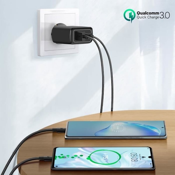 USB / USB-C Strømadapter 20W PD QC 3.0 med USB-C Kabel Akashi Sort