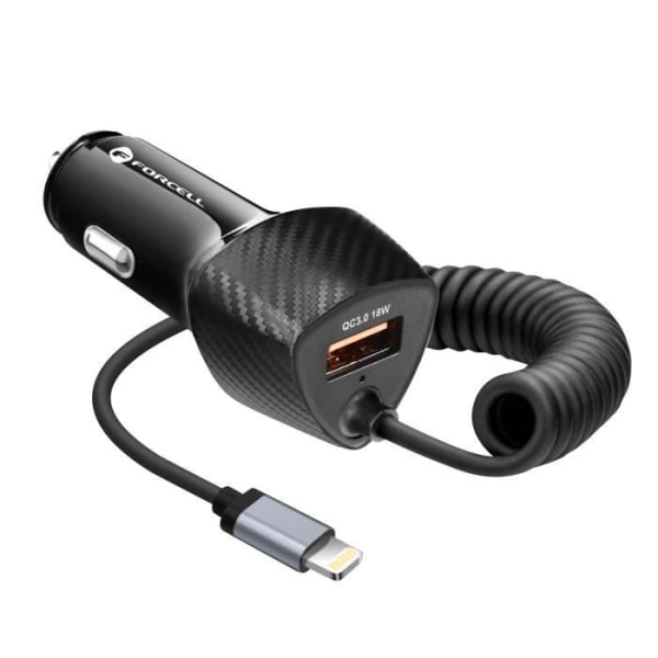 38W QC 3.0 USB Billaddare + Integrerad Lightning-kabel Forcell Carbon Black