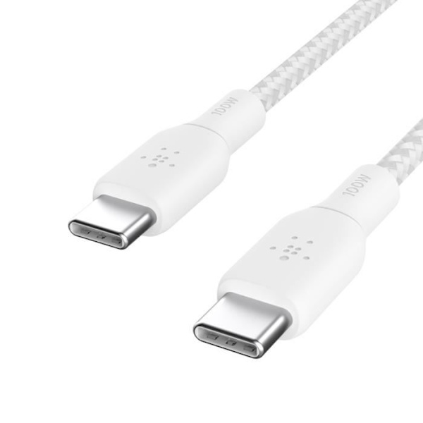 USB-C till USB-C-kabel 100W Nylonflätad 2 meter Belkin Vit Vit