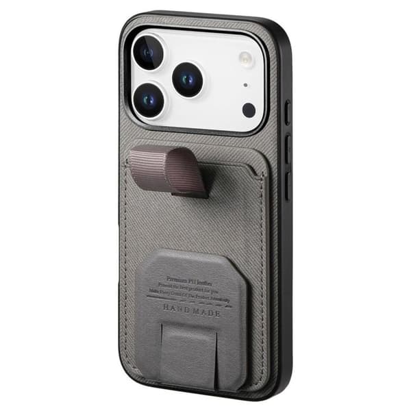 iPhone 17 Pro Max Fodral med Tyg Effekt och Stöd samt Kortfack Grå Grå