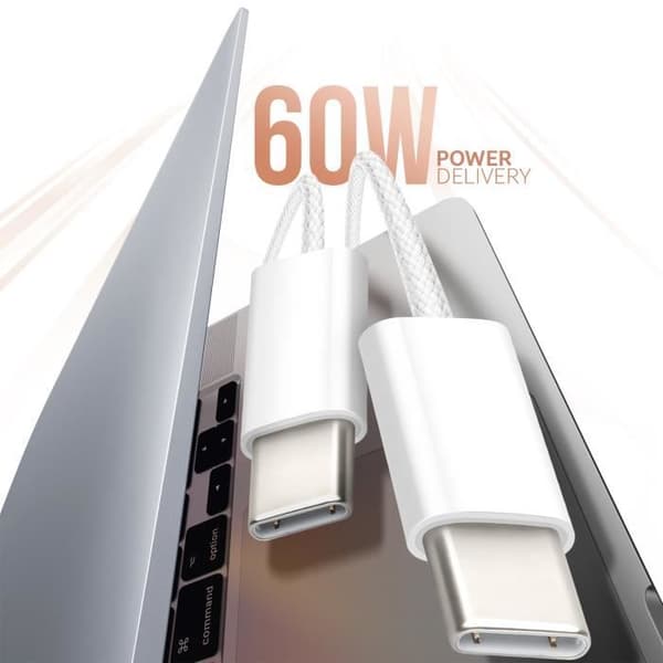 USB-C kabel - AVIZAR - Model 60W - Længde 1m - Vævet nylon - Hurtig opladning Vit