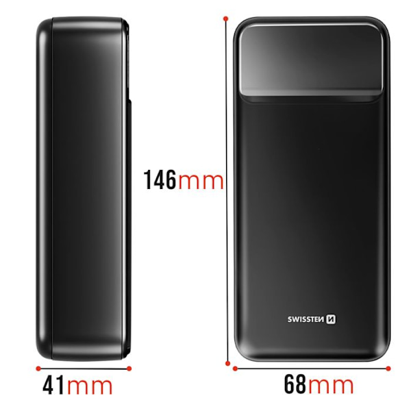 30000mAh Ulkoakku USB-C:lla ja 2 USB:lla, LED-näyttö, Kompakti Swissten Musta Svart