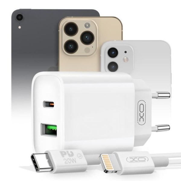 20 W iPhone USB ja USB-C seinälaturi Lightning XO Whitella Vit